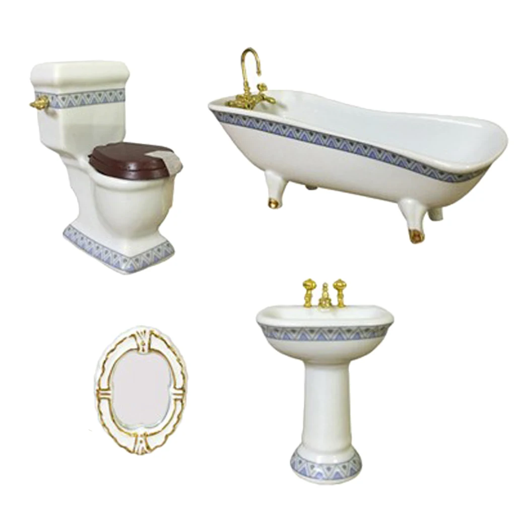 

4pieces Dollhouse Miniature Porcelain Bathroom Furniture Set Decor