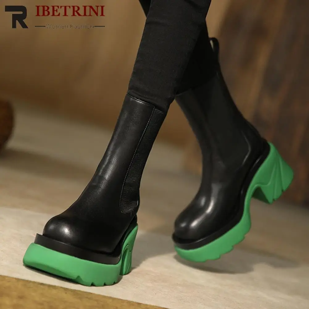 

Женские ботинки челси без шнуровки, новая Брендовая женская обувь, модные классические черные ботинки с круглым носком на массивном каблук...