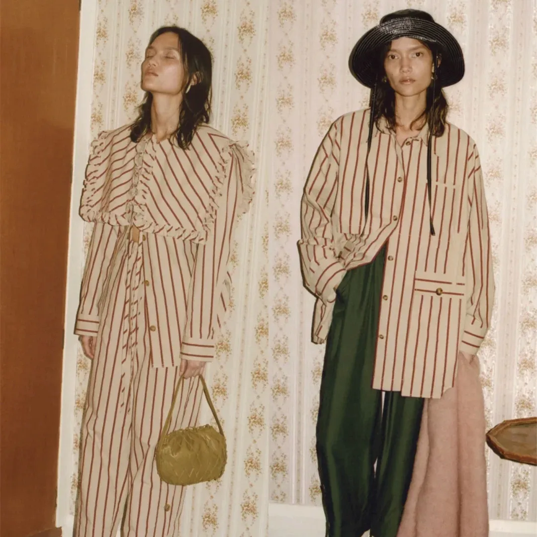 

Women Shirts 2021 Early Autumn Striped Ruffled Long-sleeved 100% Cotton Women Top Shirt