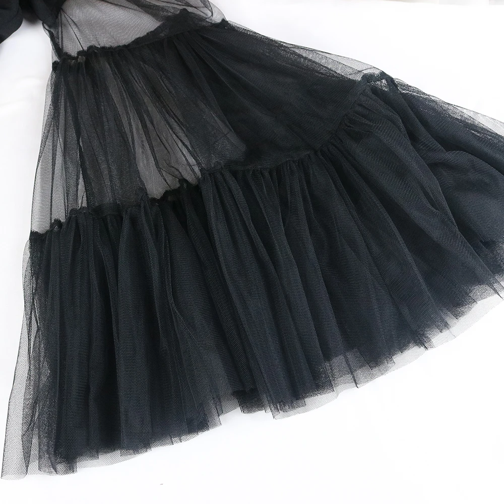 

Puffy Dress Women Summer Fashion Black Tulle Mesh Sleeve Mini Dress Retro Elegance Ladies Calssy Party Evening Outfits 2021