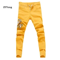 embroidered pants men 2020 new arrival fashion embroidery skinny jeans classic distressed slim male denim trousers