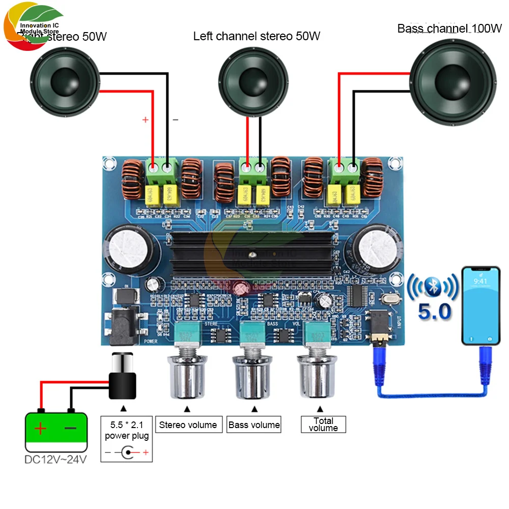 

Ziqqucu TPA3116D2 Bluetooth 5.0 Digital Amplifier Board 2.1 Channel Class D High Power Amplifier Module 2x50W XH-A305 DC 12-24V