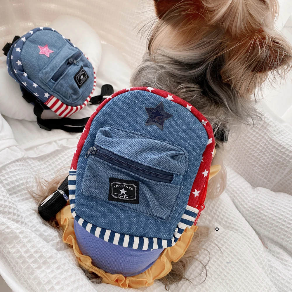 Star Stripe Denim Blue Pet Puppy Backpack Out Walking Harness With Leash Set Dog Small Animal Cat Yorkshire Travel Carrier Bags