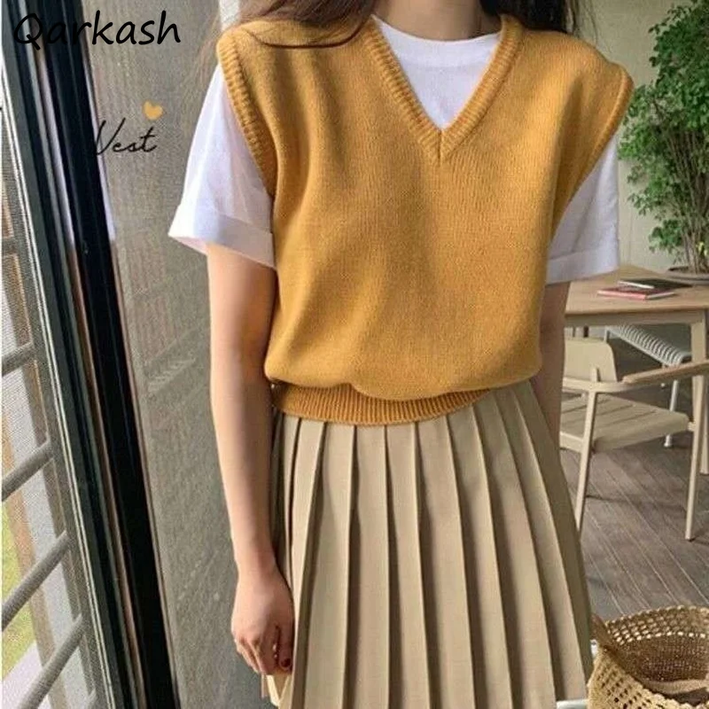 

Sweater Vest Women Simple Solid Loose Daily V-neck Sleeveless Sweaters Knitted Autumn Female Vintage Elegant All-match Students