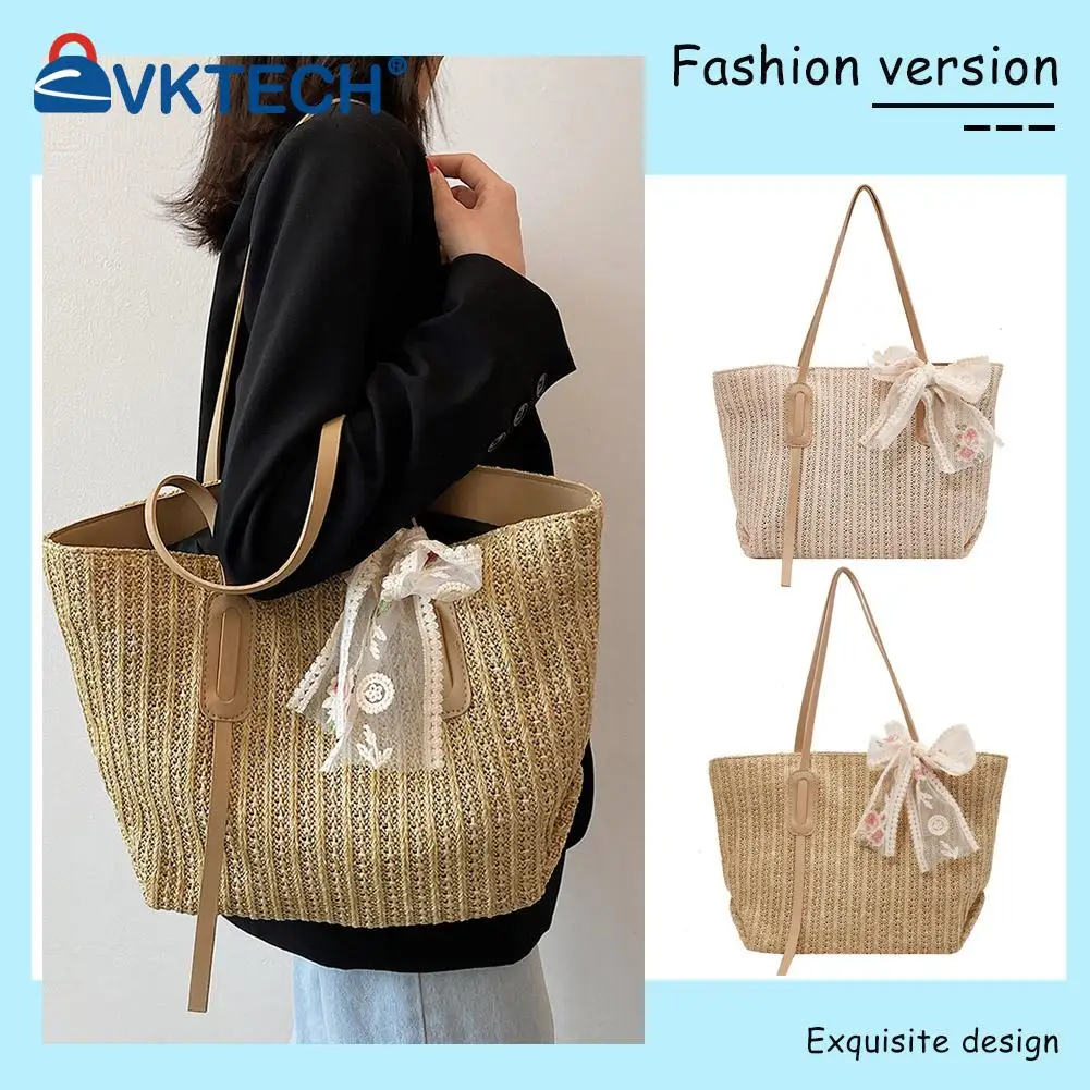 

Retro Women Handbags Straw Woven Lace Flower Embroidery Large Shoulder Tote Shopping Bags for Women Handbag Female
