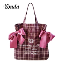 youda plaid women simple shoulder bag soft cloth fabric handbag large capacity cotton tote bow canvas bags for pretty young girl