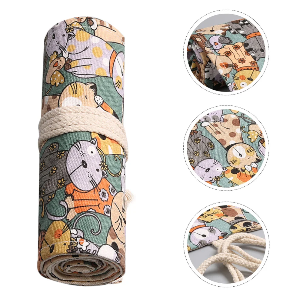 

Cat Printed Rolling Pencil Bag Cloth Art Pencil Roll Pouch (48 Holes)
