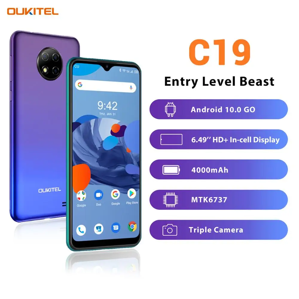 OUKITEL C19 6 49 дюймов 4G LTE Смартфон Android 10 0 мобильный телефон четырехъядерный 2G RAM 16G ROM