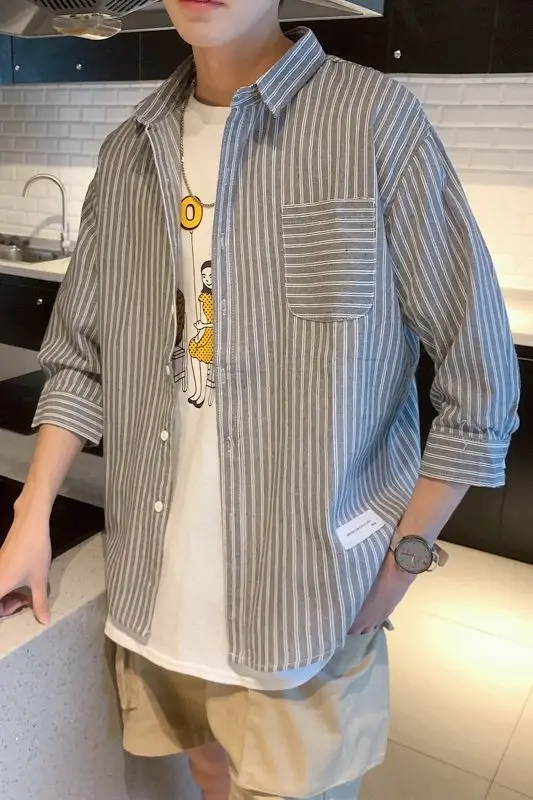 

Korean fashion short sleeve shirt 7 / 6 Sleeve Striped Shirt man.a363a C09 P50