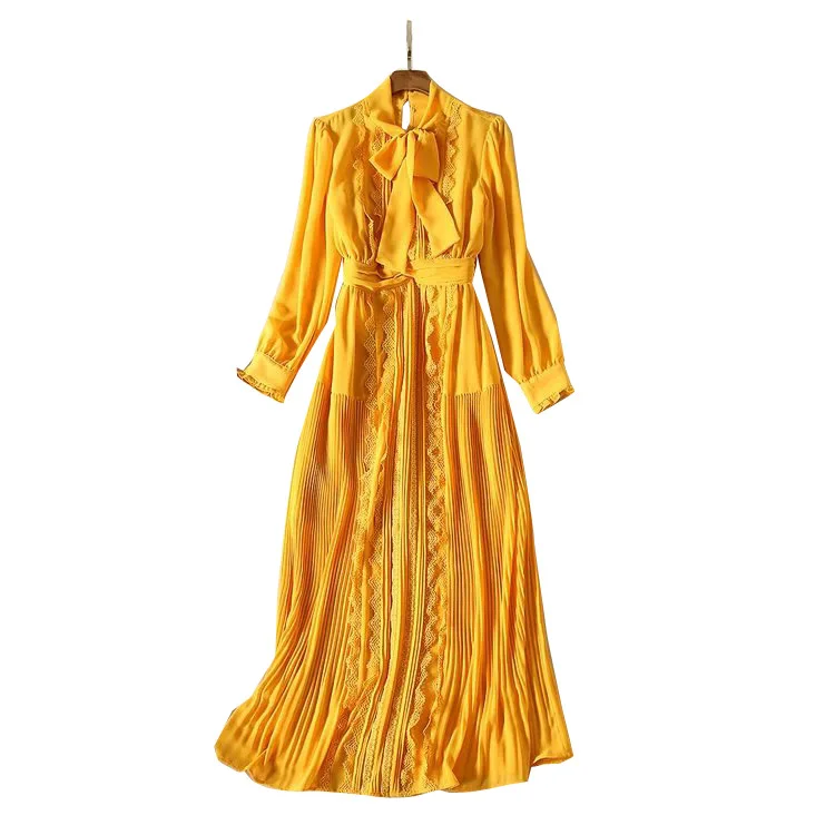 

High Quality Runway Dress Women 2020 Autumn Winter Clothes Elegant Bow Long Sleeve Draped Lace Chiffon Patchwork Maxi Dress
