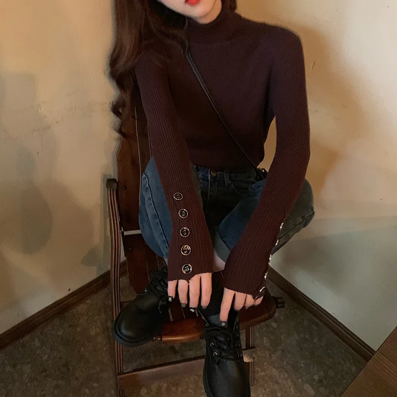 Casual Turtleneck Sweater Women Streetwear Fashion Knitted Button 2019 Autumn Winter Khaki Pullovers Tops | Женская одежда