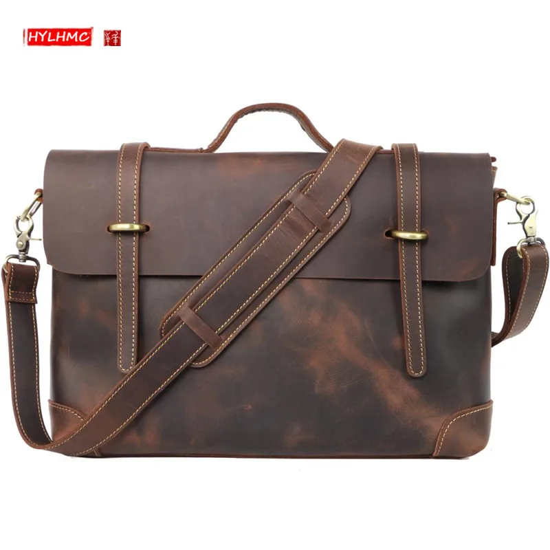Crazy Horse Leather Men's Bag Business Handbags Portable Briefcase Laptop Bag Retro Shoulder Messenger Bag Genuine Leather Bags