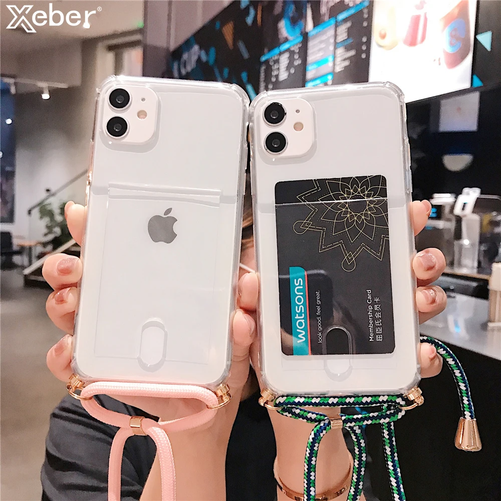 Чехол для телефона с ремешком через плечо и отделением карт iPhone 11 12 Pro Max Mini XS X XR 6 8 7