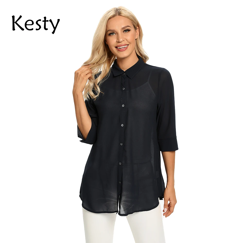

Женская рубашка больших размеров KESTY в полоску из полиэстера с пуговицами, длинными рукавами, воротником с лацканами, повседневным дышащим ...
