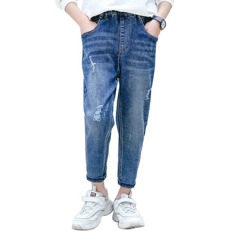 Джинсы для мальчиков рваные джинсы с эластичной резинкой на талии детей весенне