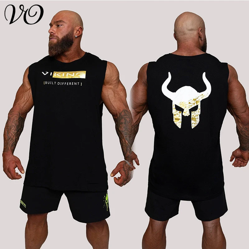 

New Cotton Black Men's Vest 2021 Summer Fashion Print Sleeveless Round Neck Casual Vest Jogger Fitness Workout Sportswear