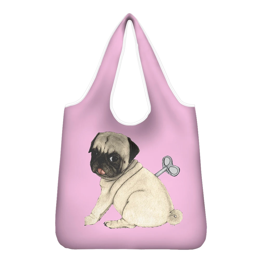 

Female Shoulder Shopping Bag Gradient Pug Dog Design Foldable Shopper Handbag Pouch Eco Totes for Grocery Kitchen Accessories