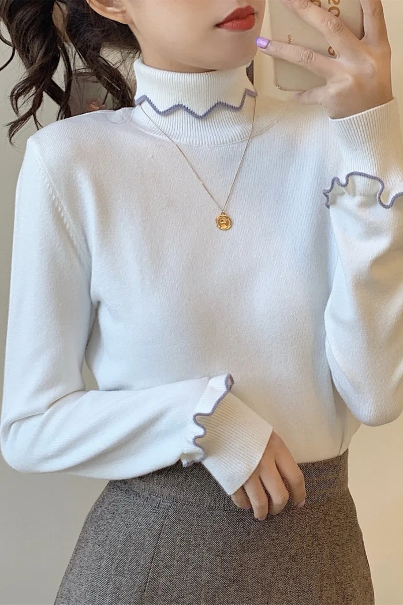 

Fashion Sweet Turtleneck Sweaters Women Autumn Winter Solid Color Ruffles Wave Knitted Pullovers Female Slim Bottoming Jumpers