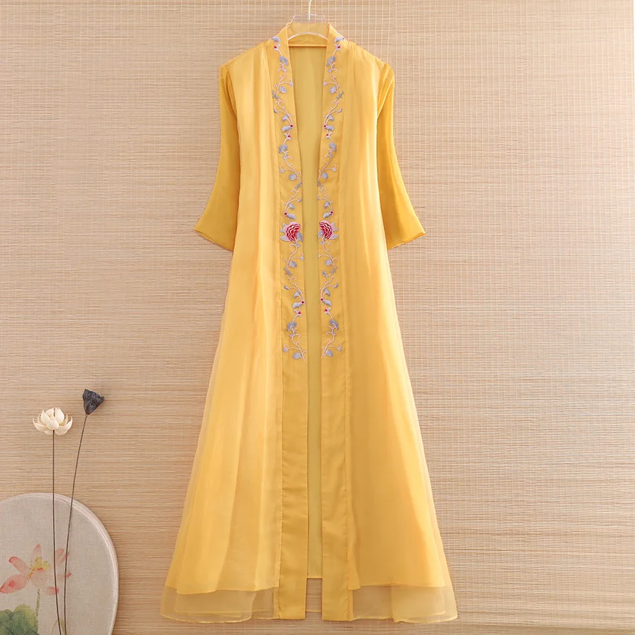 

Women Trench Coat Embroidery Organza Overcoat Fashion Thin Light Elegant Lady A-line Windbreaker Outwear Female S-XXL