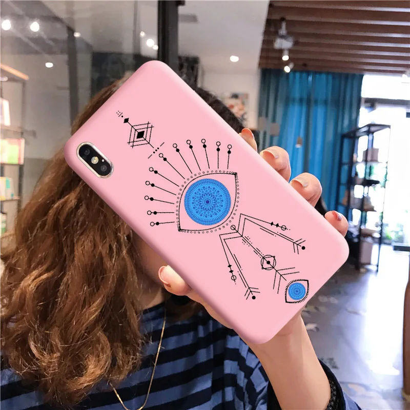 Чехол Evil eye для IPhone X XR XS MAX Pro 6 6S Plus 7 7Plus 8 8Plus розовый матовый Мягкий силиконовый