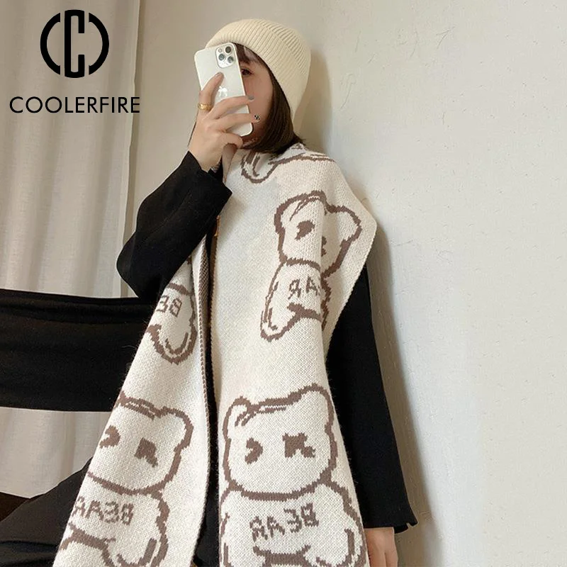 

Новый корейский шарф с мультяшным медведем, женский шарф с животным для шеи, сохраняющий тепло, трикотажный женский шарф для улицы на осень ...