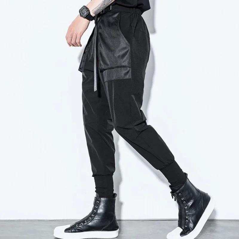 Streetwear Fashion Gothic Mens Loose Harem Pants Punk Black Personality Pockets Elastic Cargo Pencil Pants Men Casual Sweatpants