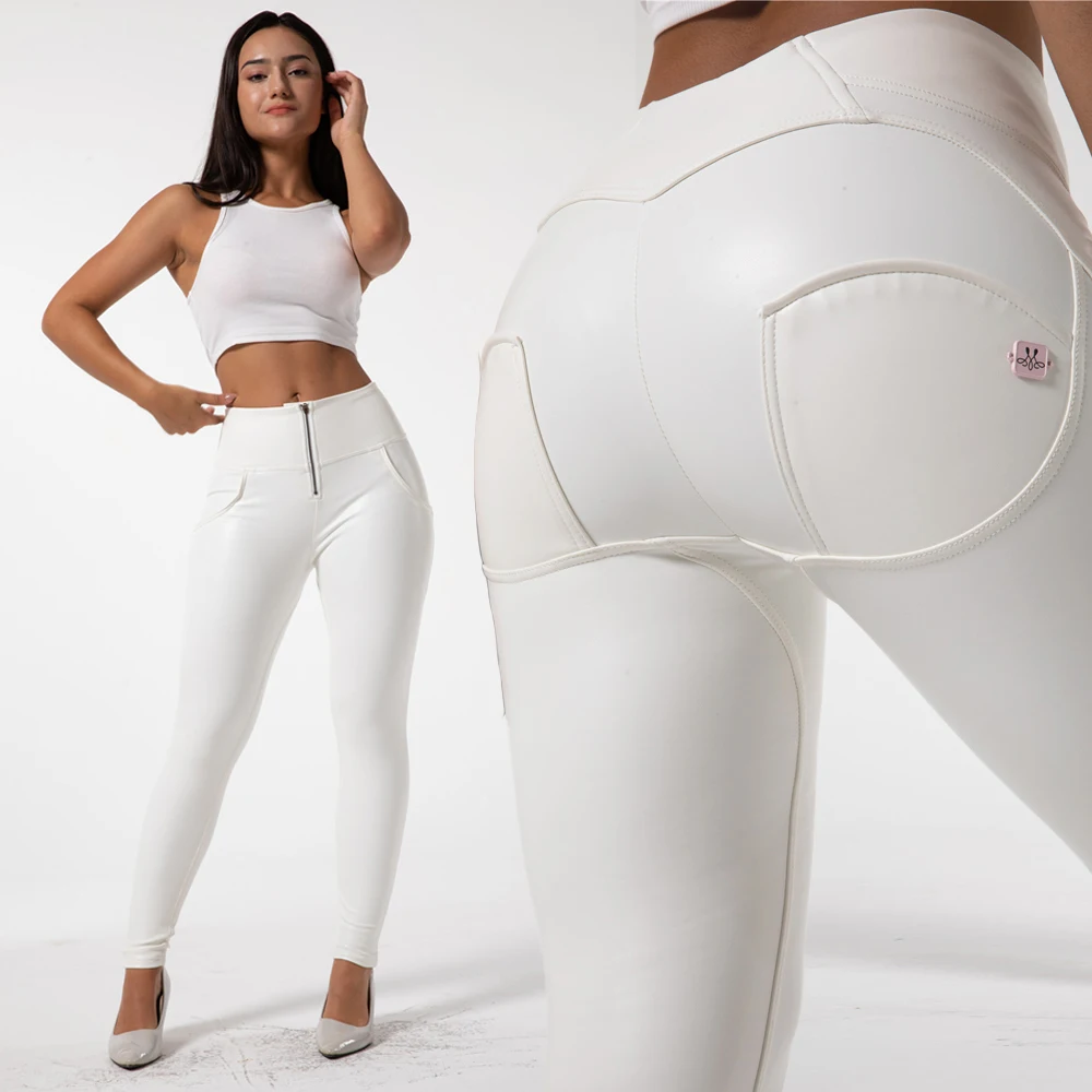 Shascullfites Melody White High Waisted Faux Leather Pants Leather Trousers Women Ladies Pants with Gift Box Package