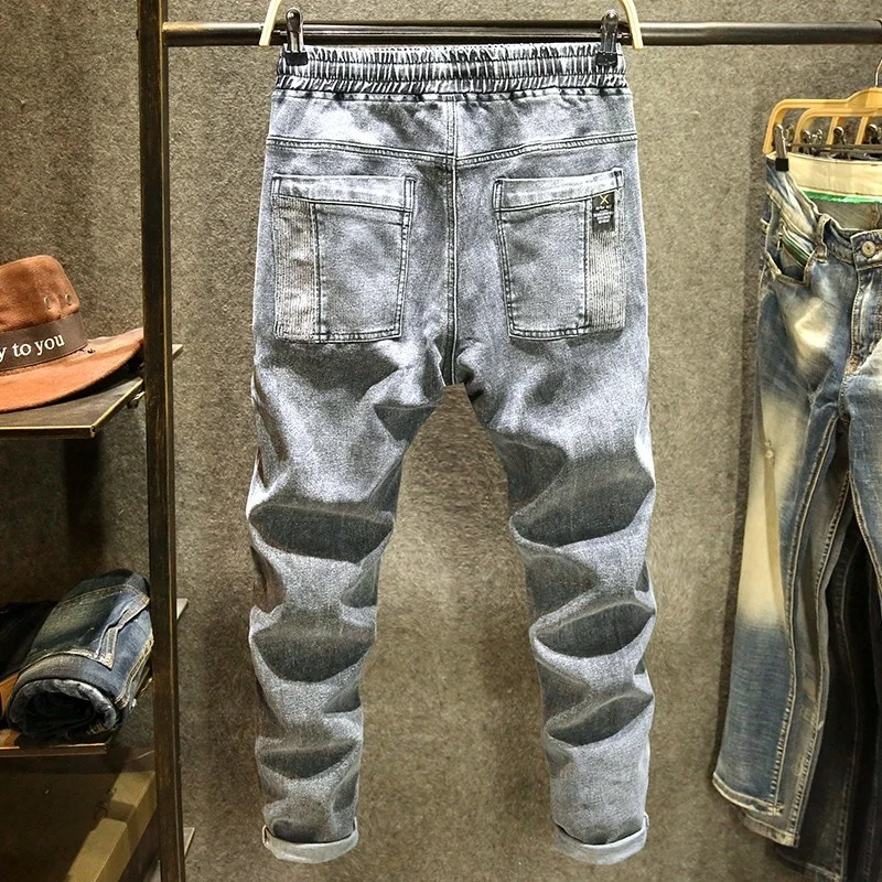 Mens Harajuku Denim Pants Autumn Fashion Casual Loose Straight Trousers Streetwear Vintage Patchwork Elastic Waist Cargo Jeans