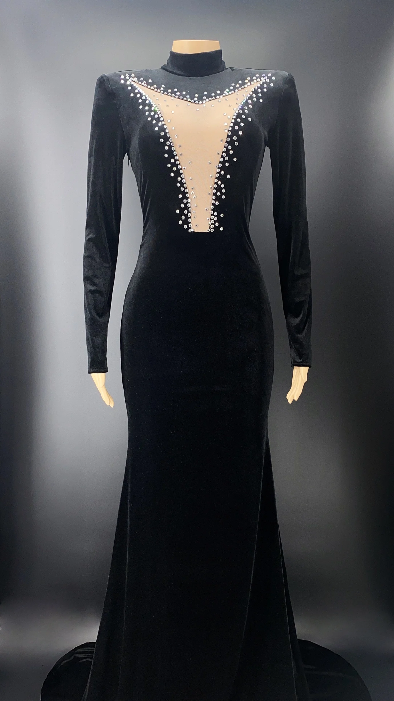 Black Mesh Backless Fashion Velvet Evening Celebrate Long Train Dress Women Prom Outfit Birthday Big Tail Costume | Тематическая