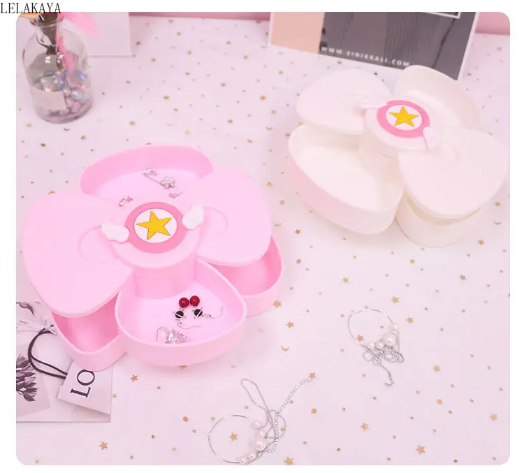 

Creative Pink Earring Hairpin Rotatable Organizer Case Anime Card Captor Sakura Magic Wand Stars Wings Girls Jewelry Storage Box