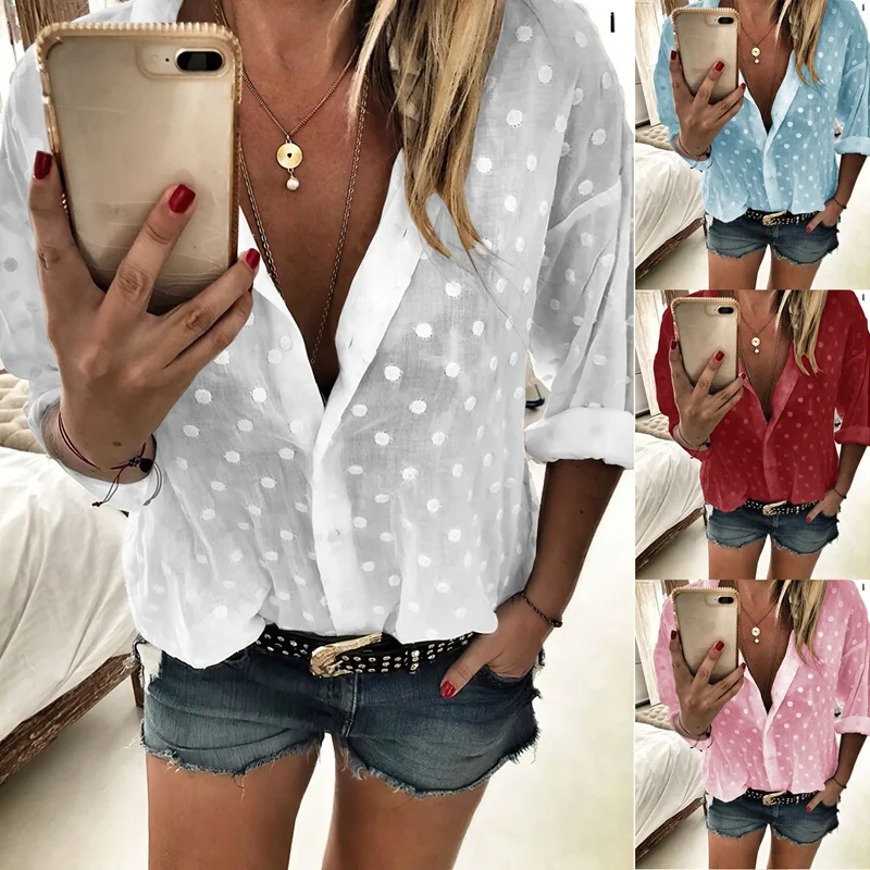 

Women's Fashion Deep V-Neck Round Polka Dot Casual Long Sleeve Shirt Top