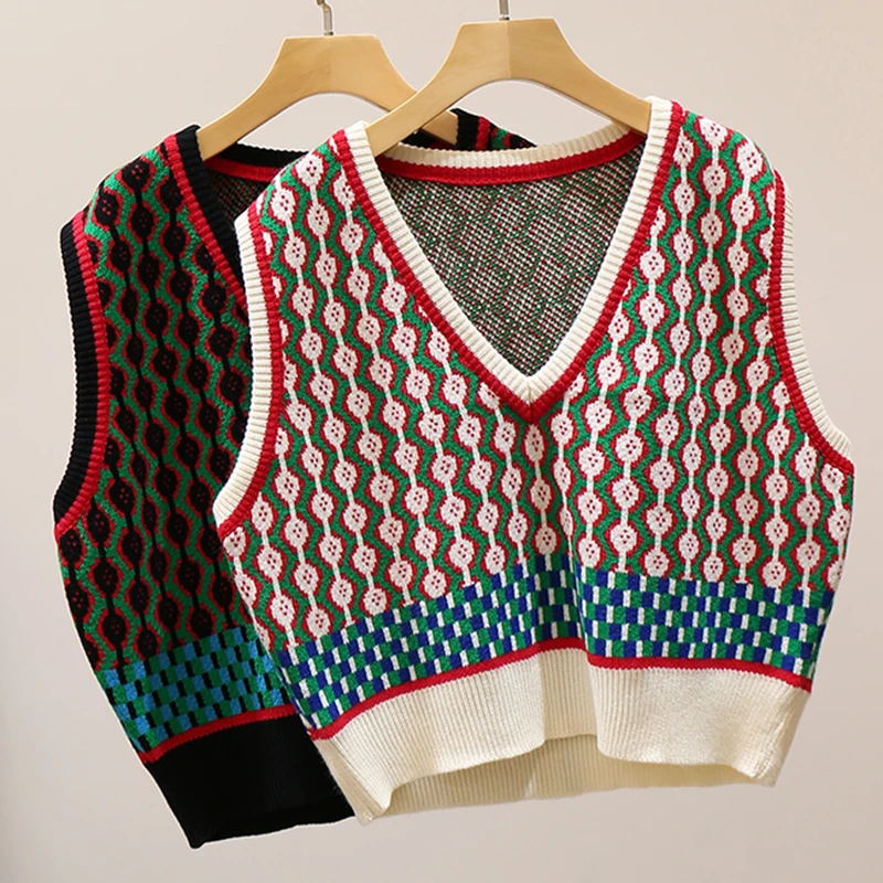 

Vintage Autumn Vest Women 2020 New V Neck Fashion Knit Tank Tops Female Casual Loose Sleeveless jacket For Women