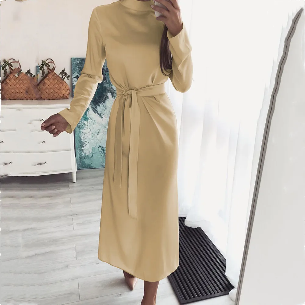 

Elegant Dresses For Women 2021 Autumn Belt High-Neck Temperament Solid Color Long-Sleeved Dress Pullover Maxi Dress Femme Robe