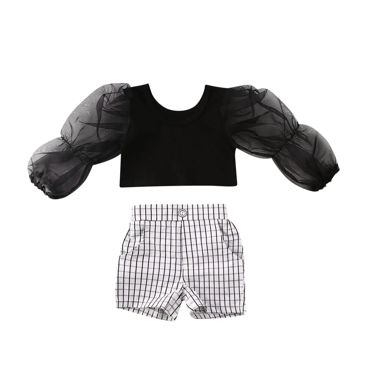 2 шт. кружевная Футболка с рукавами фонариками и шорты в клетку|Комплекты одежды