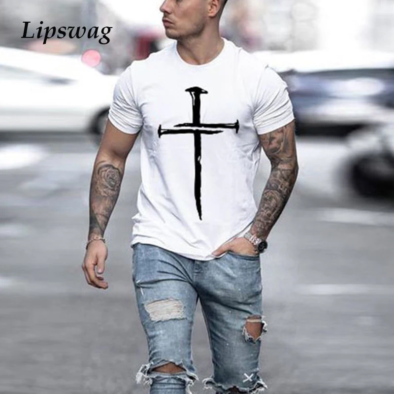

Футболка мужская с принтом Креста, винтажная тенниска с короткими рукавами, круглый вырез, Повседневный пуловер, уличная одежда в стиле Хар...