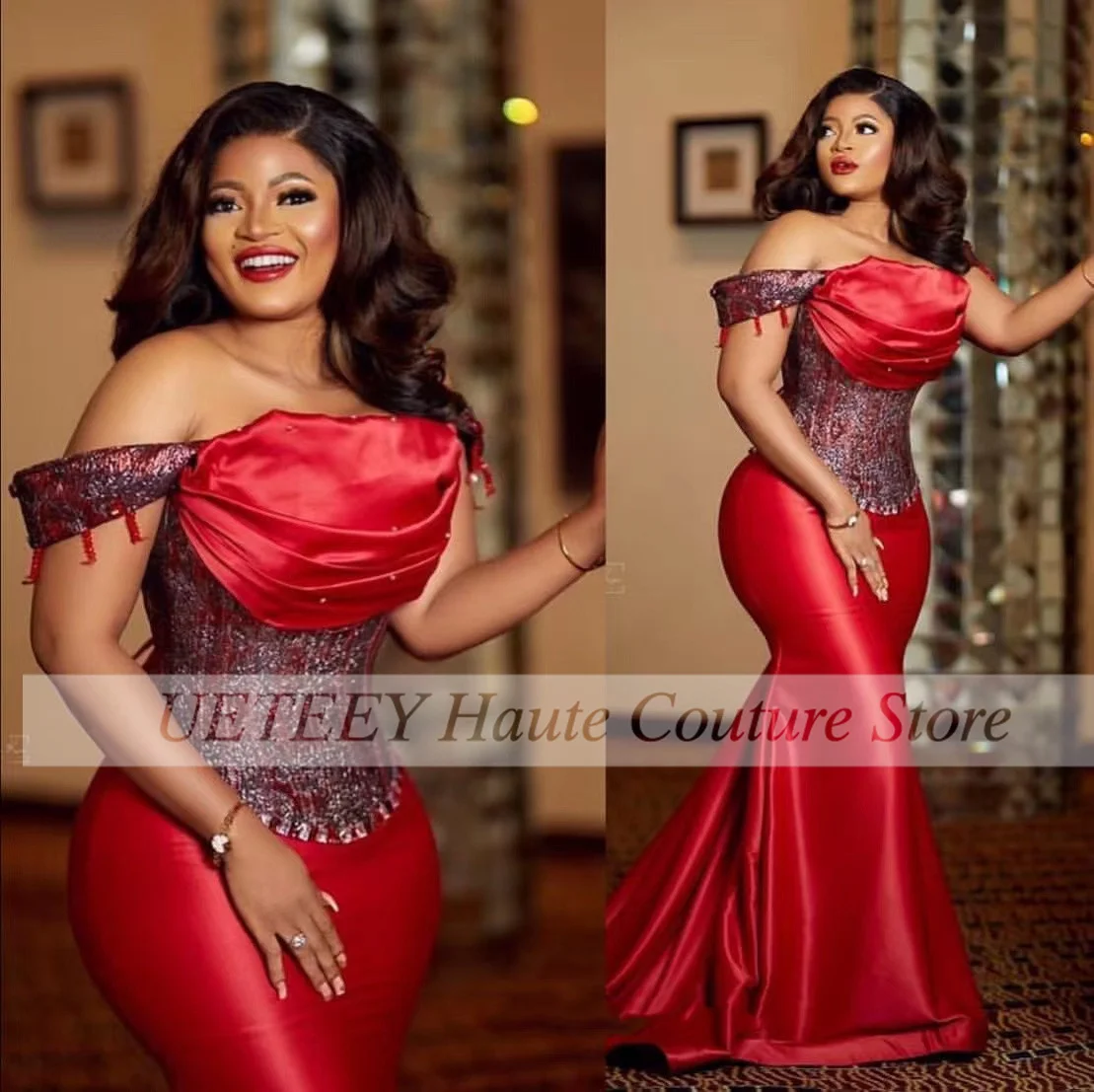 

Red Formal Prom Dress Boat Neck Short sleeve With Beading Sequin Long Mermaid Evening Party Dresses Robes De Soirée
