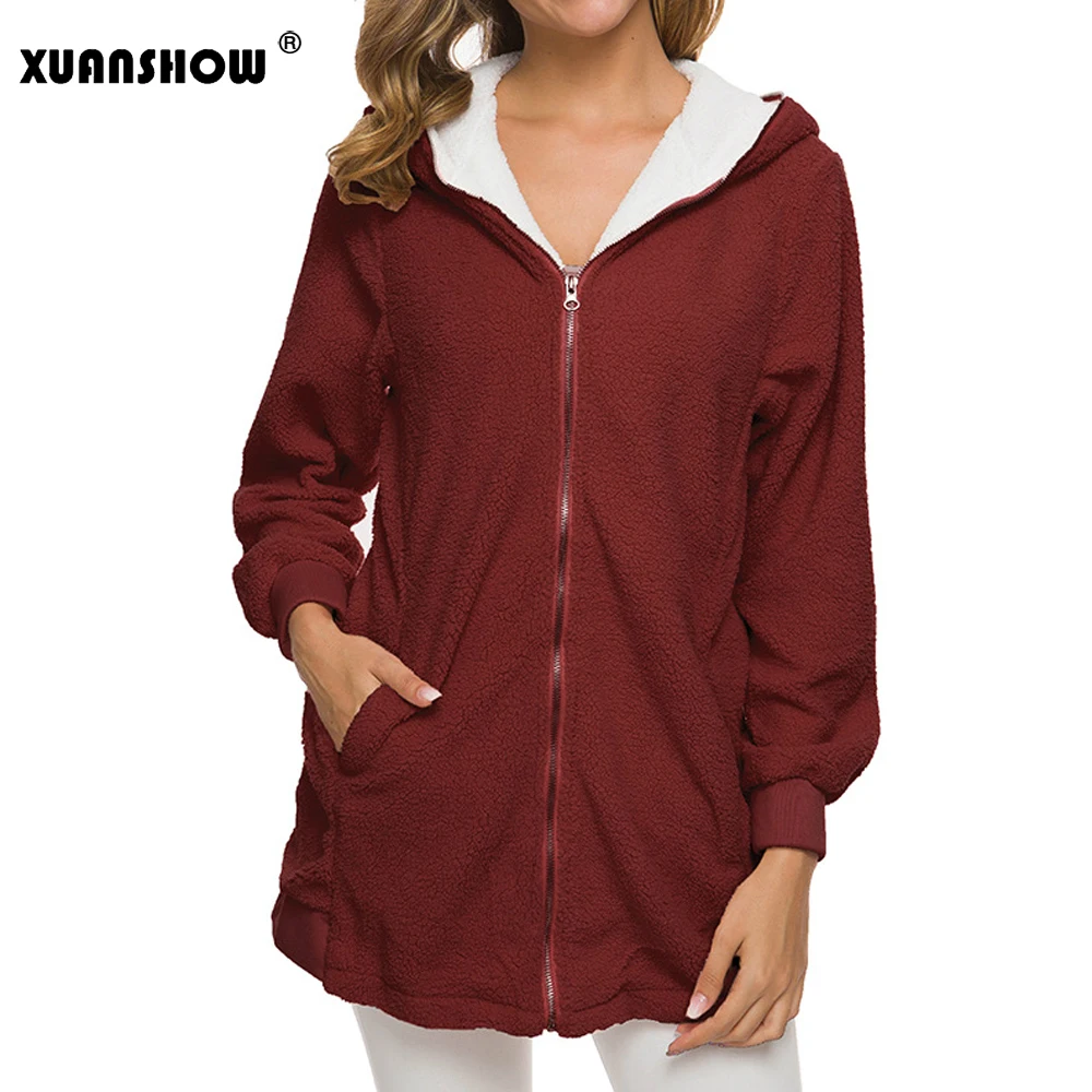 Wine Red XUANSHOW негабаритный зима Долго Искусственный мех Женские пальто Стройное Длинный рукав Держать в тепле плюш Флокирование Женские куртки С капюшоном 5XL - Цвет: Wine Red