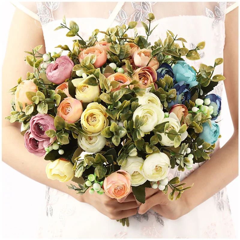 

Artificial Rose With Leaves Simulation Artificial Silk Flowers Bouquet Wedding Decoration Fake Flowers Home Decor 6 Heads Bud