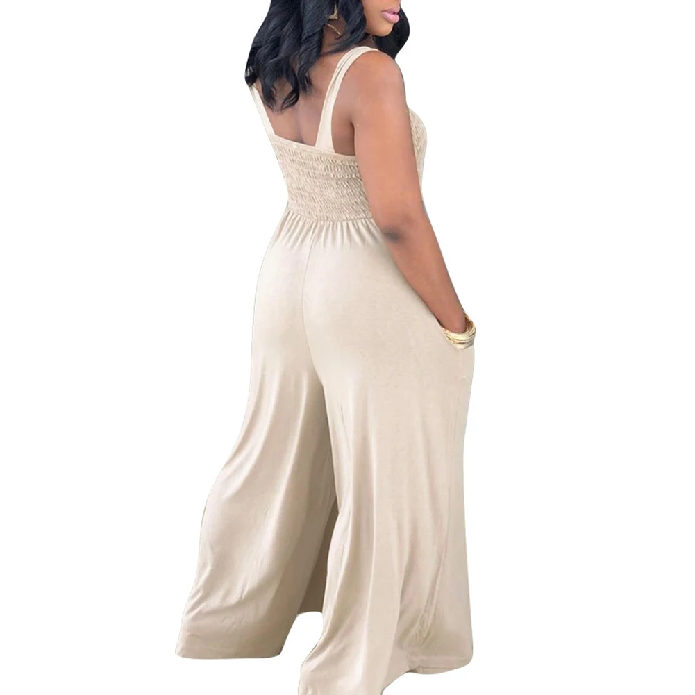 2021 New Style Female Wide Leg Jumpsuit Solid Color Square Neck Sleeveless Summer Loose Long Trousers Plus Size XXL |