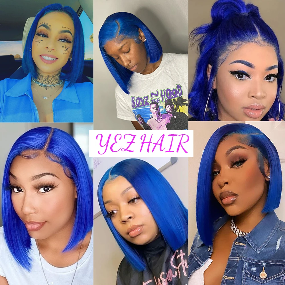 YEZ Blue Bob Wig Lace Front Human Hair Wigs Color 13x4 Bob Human Hair Straight Front Lace Smooth Wig For Women Y46124 images - 6