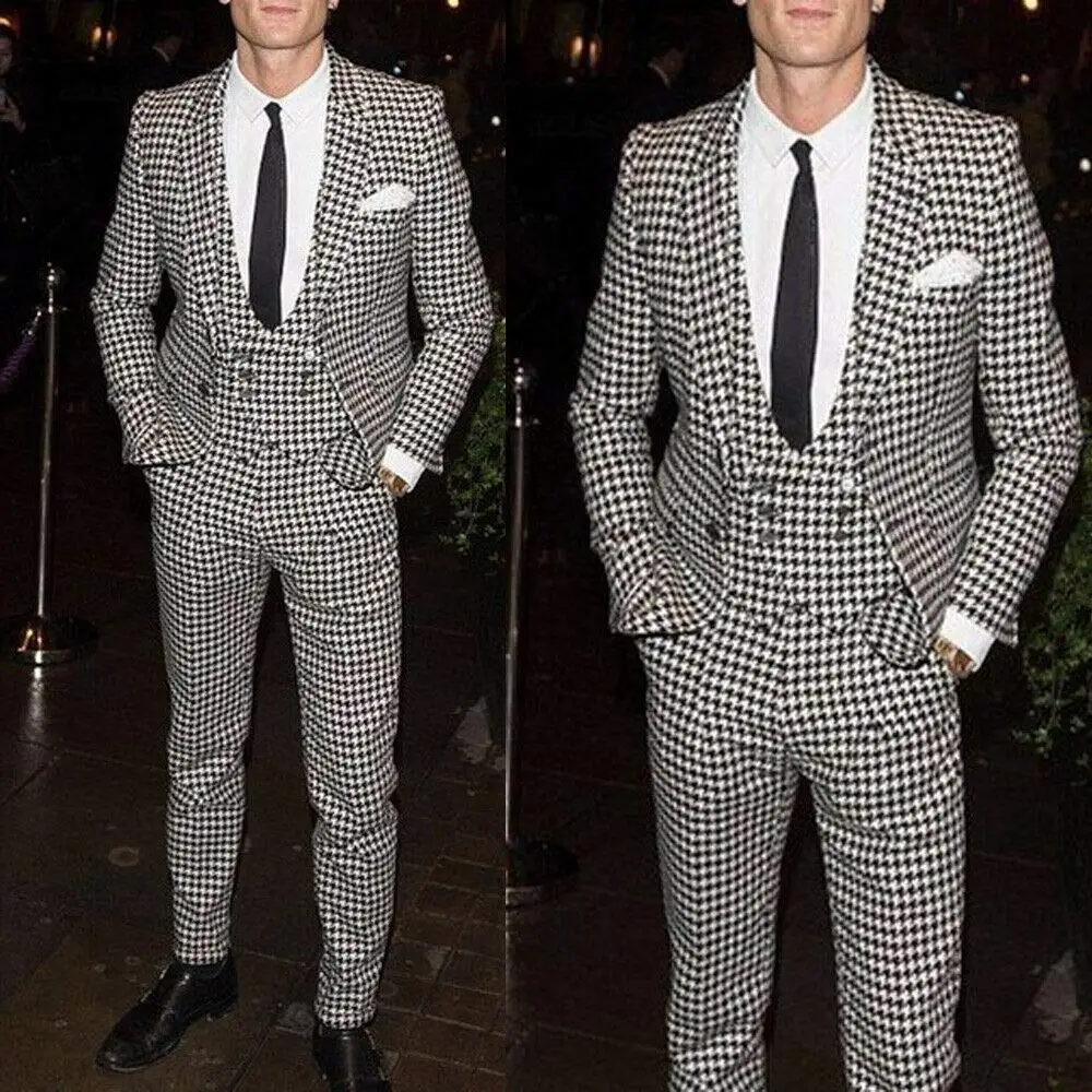 

Men's Suit Collar Houndstooth Tuxedo Slim Fit Grooms Prom Suits For Party Business Casual Suit For Wedding Men Jacket+Vest+Pants