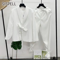 sispell female two piece suit lapel collar long sleeve loose lace up blazer coat high waist loose lace up womens casual set