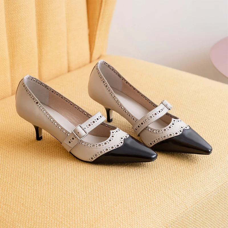

ISNOM Genuine Leather Pumps Women Mixed Color Buckle Strap High Heels Shoes Woman Oxford Style Pumps Ladies Shoes Elegant