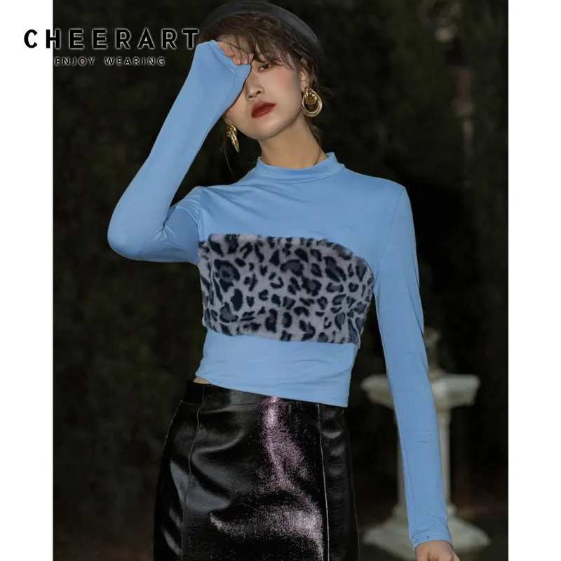

CHEERART Blue Long Sleeve T Shirt Women Patchwork Lepord Print Tops Cotton Tee Shirt Fashion Underwear Women