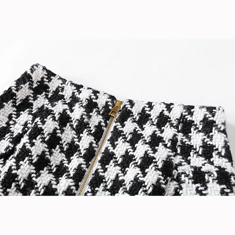 UKCNSEP New Fashion Runway 2021 Skirt Women's Fringed Lion Buttons Houndstooth Tweed Mini | Женская одежда