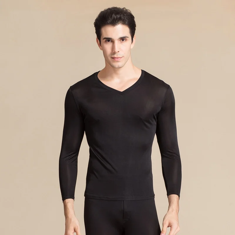 100% Pure Silk High Quality Men Long Johns Elastic V Neck Underwear Sets Antibacterial Breathable Comfortable Autumn Suits
