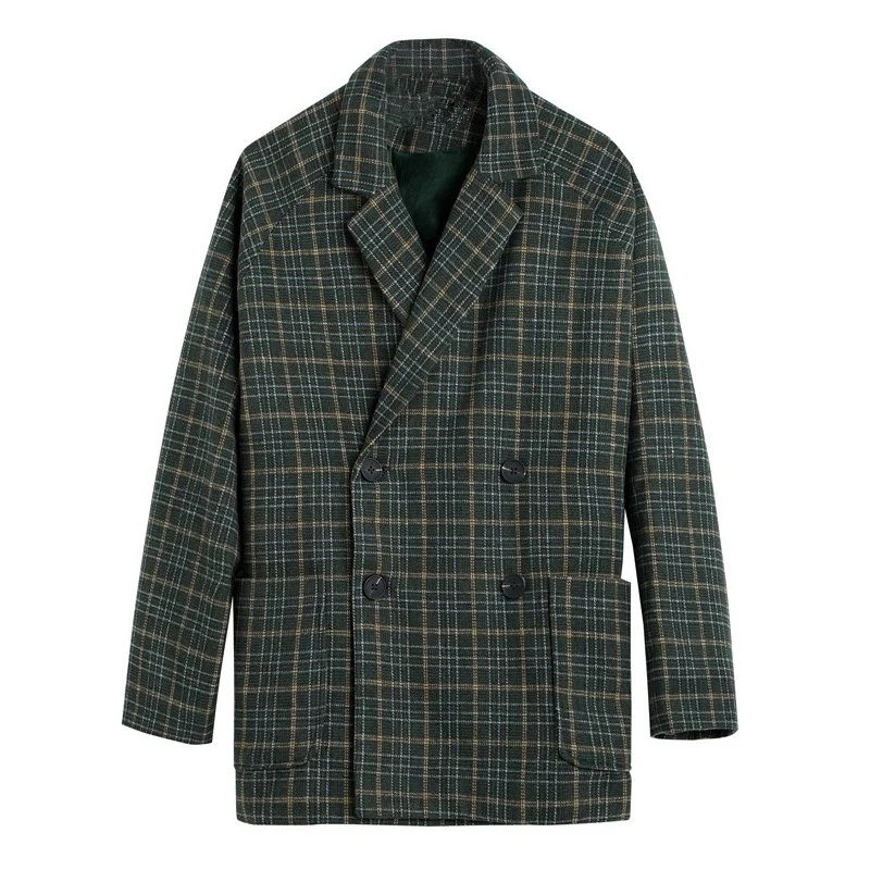 Женский двубортный Блейзер PERHAPS U шерстяной пиджак в клетку зеленого цвета хаки с