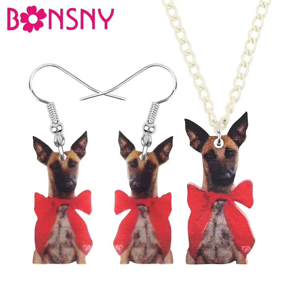 

Bonsny Acrylic Christmas Bow-knot Shepherd Dog Jewelry Set Necklace Earrings Animal Decoration Jewelry Women Girl Teen Accessory