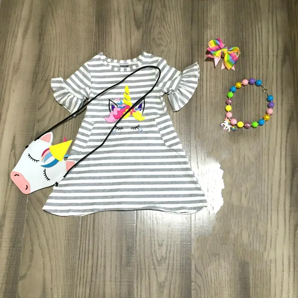 Весенне летняя детская одежда платье полосатая хлопковая серая Цветочная