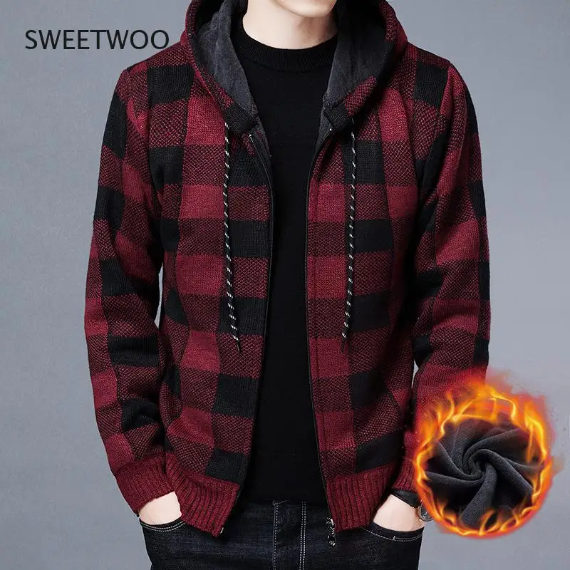 NEW Men's Sweater Coat 2022 Autumn Winter Thick Warm Hooded Plaid Wool Sweater Cardigan Jumpers Zipper Fleece Coat Men